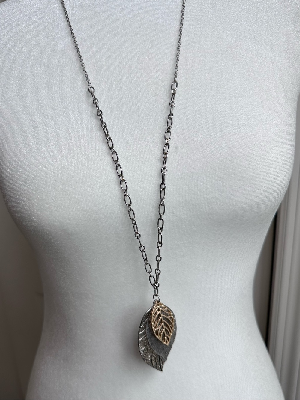 dressbarn Two-Tone Leaf Pendant Necklace - Silver and Gold